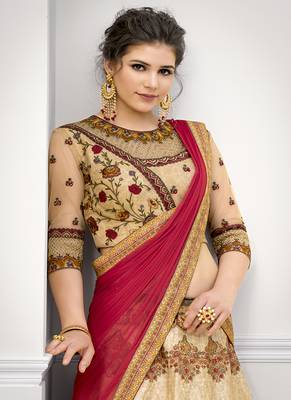 Beige digital print banarasi silk semi stitched lehenga 4