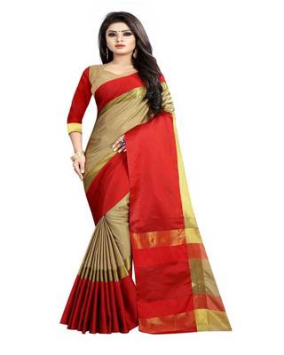 Chiku Plain Cotton Silk Saree With Blouse 1