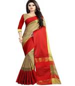 Chiku Plain Cotton Silk Saree With Blouse