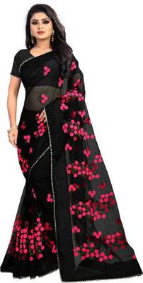 Black Self Design Embroidered Net Saree With Blouse 1