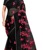 Black Self Design Embroidered Net Saree With Blouse