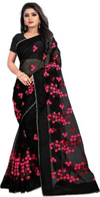 Black Self Design Embroidered Net Saree With Blouse 2