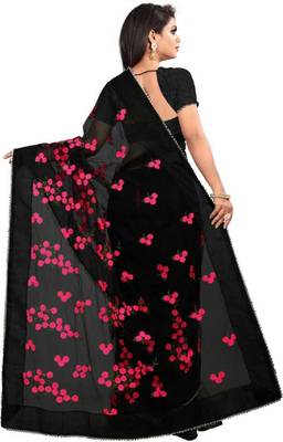 Black Self Design Embroidered Net Saree With Blouse 3