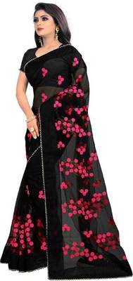 Black Self Design Embroidered Net Saree With Blouse 4