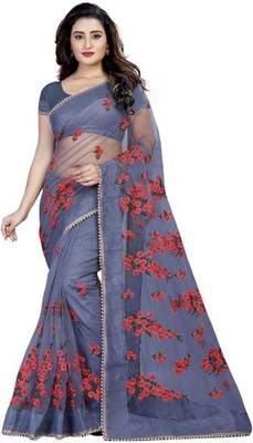 Grey Self Design Embroidered Net Saree With Blouse 1
