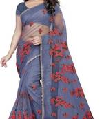 Grey Self Design Embroidered Net Saree With Blouse