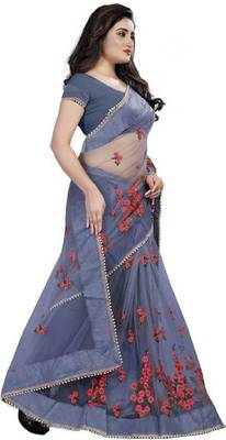 Grey Self Design Embroidered Net Saree With Blouse 2
