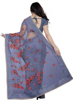 Grey Self Design Embroidered Net Saree With Blouse 3