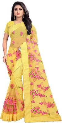 Yellow Self Design Embroidered Net Saree With Blouse 2
