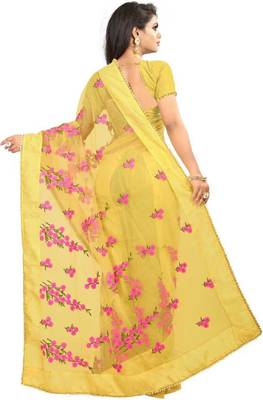 Yellow Self Design Embroidered Net Saree With Blouse 3