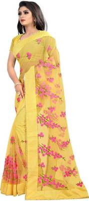 Yellow Self Design Embroidered Net Saree With Blouse 4