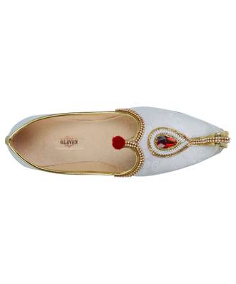 Men's White Fabric Rhinestone Ruby Mojaris 2