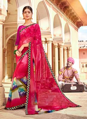 Pink printed georgette saree with blouse 1