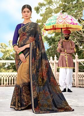 Blue printed georgette saree with blouse 1