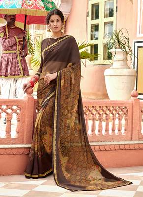 Brown printed georgette saree with blouse 1