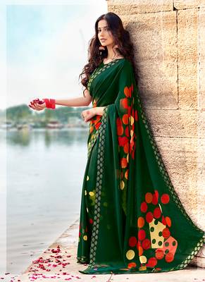 Dark green printed georgette saree with blouse 1