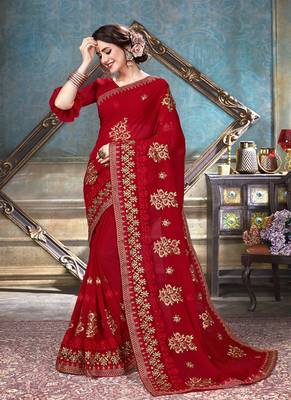 Scarlet Red Embroidered Georgette Saree With Blouse 1