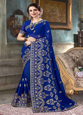   royal blue embroidered georgette saree with blouse 1