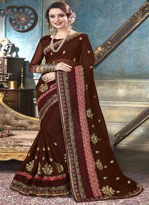 Brown Embroidered Georgette Saree With Blouse 1