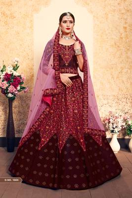 Maroon Embroidered Satin Semi Stitched Lehenga 1