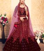 Maroon Embroidered Satin Semi Stitched Lehenga