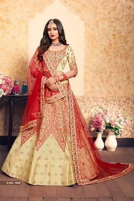 Beige Embroidered Satin Semi Stitched Lehenga 1