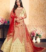 Beige Embroidered Satin Semi Stitched Lehenga