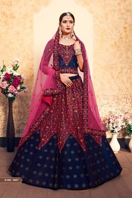 Royal-Blue Embroidered Satin Semi Stitched Lehenga 1
