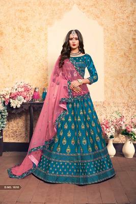 Sky-Blue Embroidered Satin Semi Stitched Lehenga 1