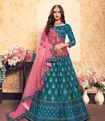 Sky-Blue Embroidered Satin Semi Stitched Lehenga