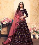 Wine Embroidered Satin Semi Stitched Lehenga