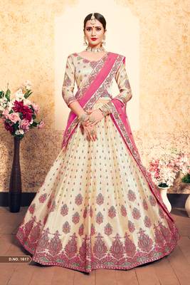 Beige Embroidered Satin Semi Stitched Lehenga 1
