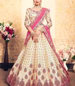 Beige Embroidered Satin Semi Stitched Lehenga