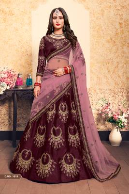 Brown Embroidered Satin Semi Stitched Lehenga 1