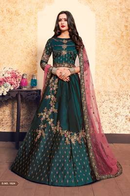 Dark-Green Embroidered Satin Semi Stitched Lehenga 1