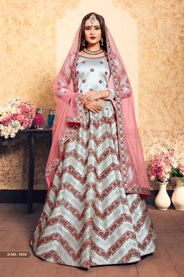 Grey Embroidered Satin Semi Stitched Lehenga 1