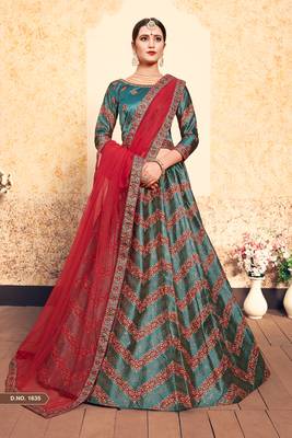 Green Embroidered Satin Semi Stitched Lehenga 1