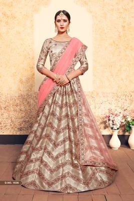 Brown Embroidered Satin Semi Stitched Lehenga 1