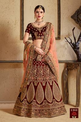 Maroon Embroidered Velvet Semi Stitched Lehenga 1