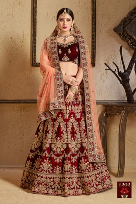 Maroon Embroidered Velvet Semi Stitched 