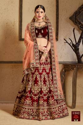 Maroon Embroidered Velvet Semi Stitched Lehenga 1