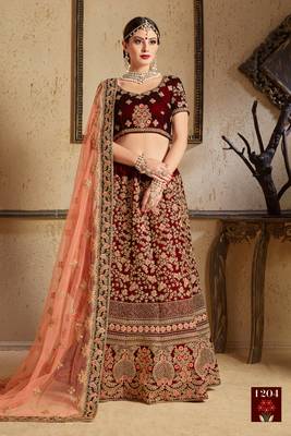 Maroon Embroidered Velvet Semi Stitched Lehenga 1