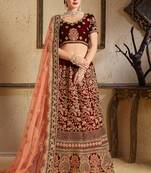 Maroon Embroidered Velvet Semi Stitched Lehenga