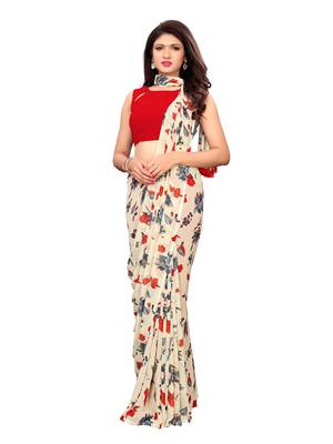 Beige printed chiffon saree with blouse 1