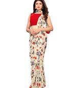 Beige printed chiffon saree with blouse