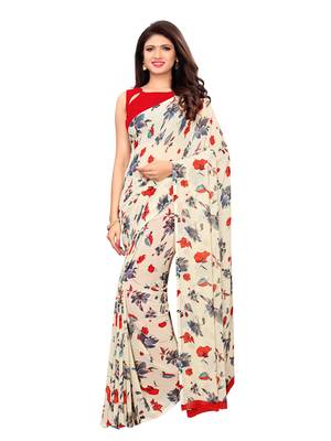 Beige printed chiffon saree with blouse 2