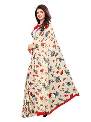 Beige printed chiffon saree with blouse 3