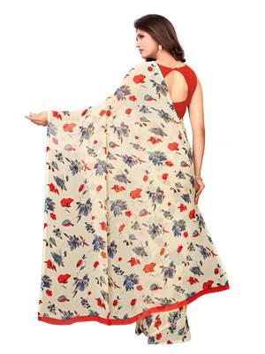 Beige printed chiffon saree with blouse 4