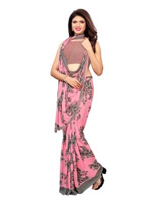 Pink printed chiffon saree with blouse 1