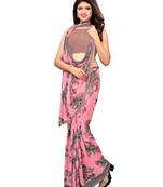 Pink printed chiffon saree with blouse